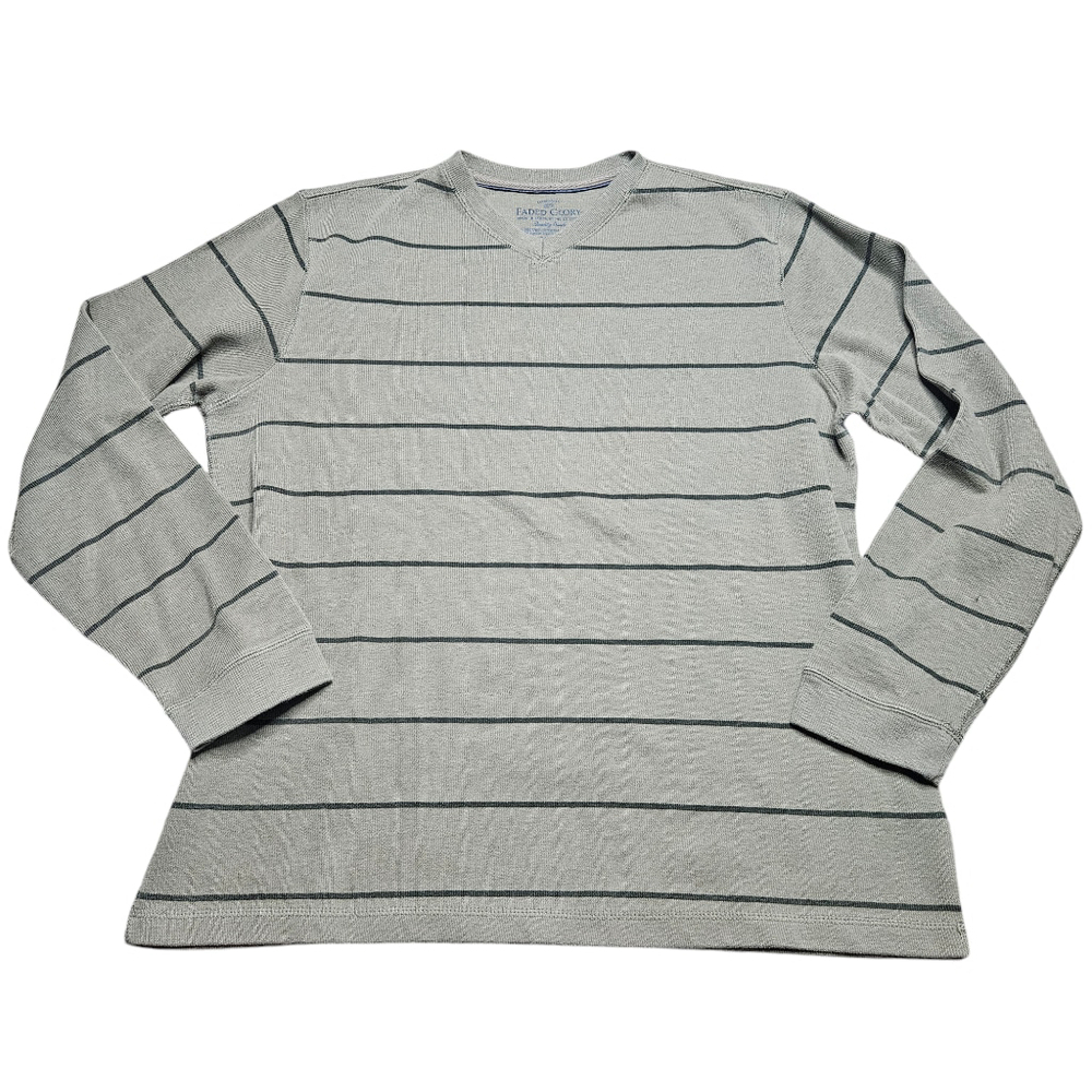 Faded Glory Large Olive Green Striped Long Sleeve V-neck Shirt